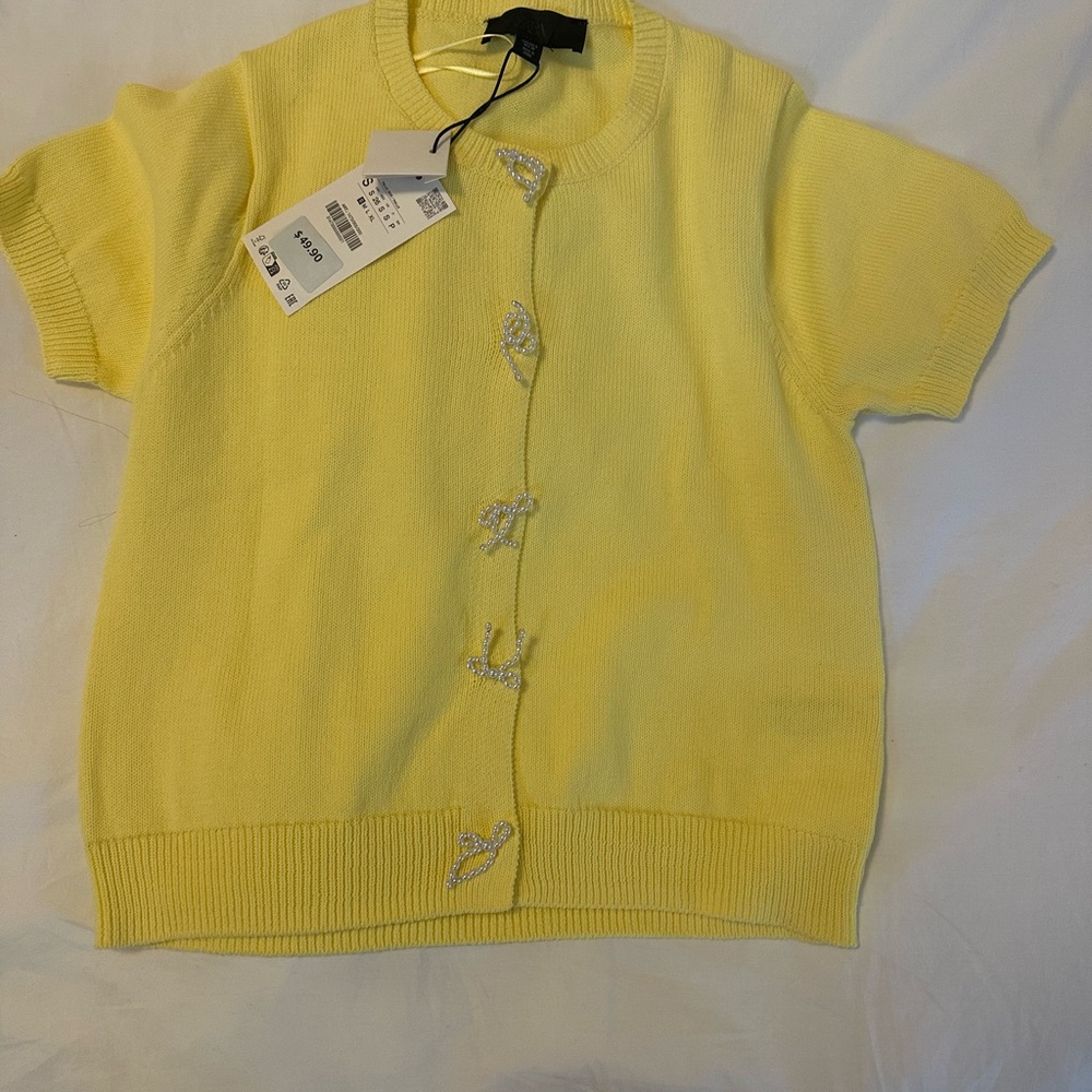 Brand New Butter Yellow Short Sleeve Cardigan with Bow Details